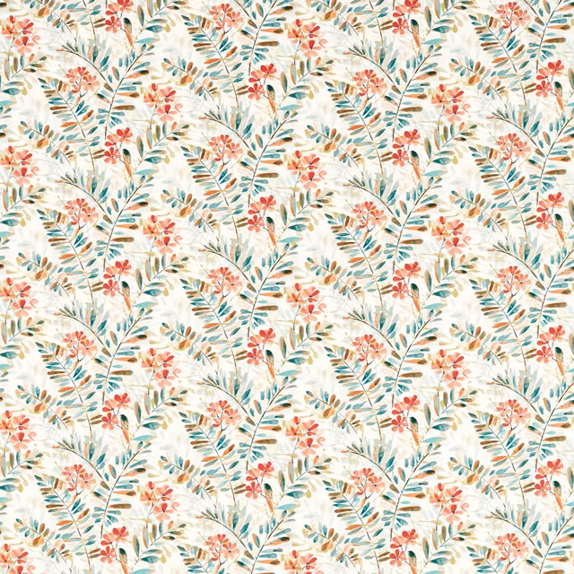 Cream botanical fabric with coral blossoms, mineral teal leaves and spice accents