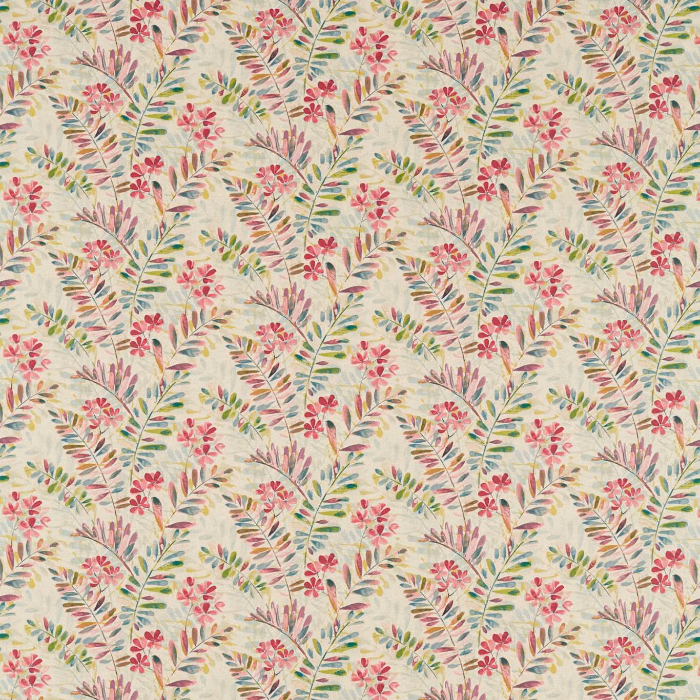 Cream floral fabric with pink blossoms, green leaves and fine trailing botanical stems
