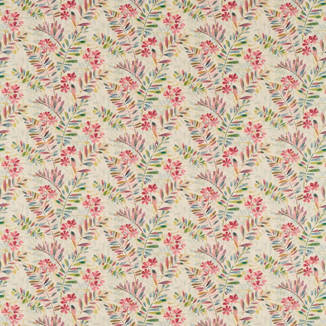 Cream floral fabric with pink blossoms, green leaves and fine trailing botanical stems