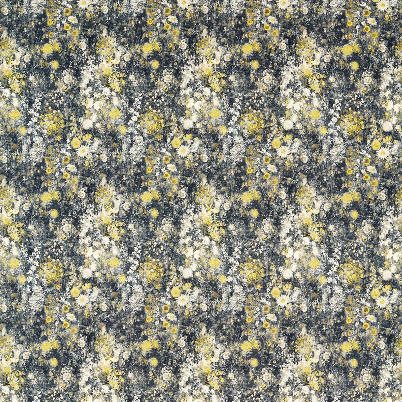 Charcoal floral textile with chartreuse and ivory blooms in a mottled textured ground