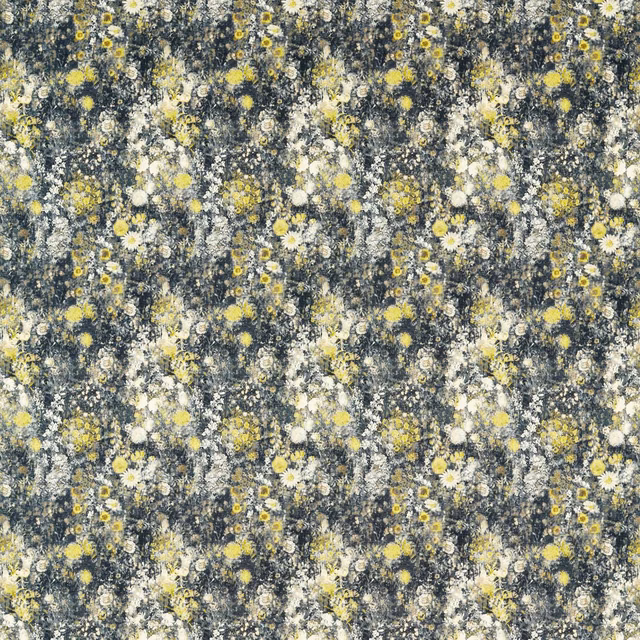 Charcoal floral textile with chartreuse and ivory blooms in a mottled textured ground
