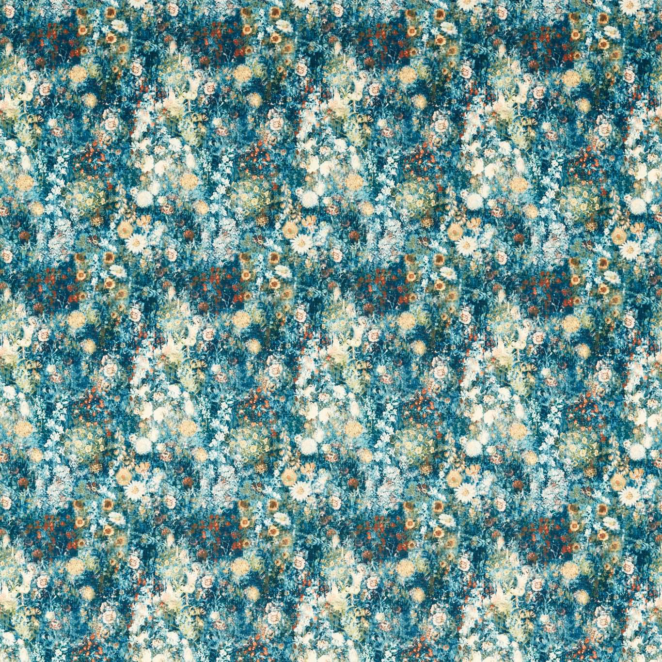 Dense denim-teal floral ground with cream daisies and spice-toned blooms
