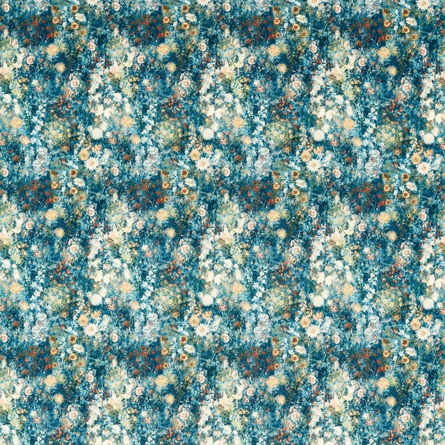 Dense denim-teal floral ground with cream daisies and spice-toned blooms