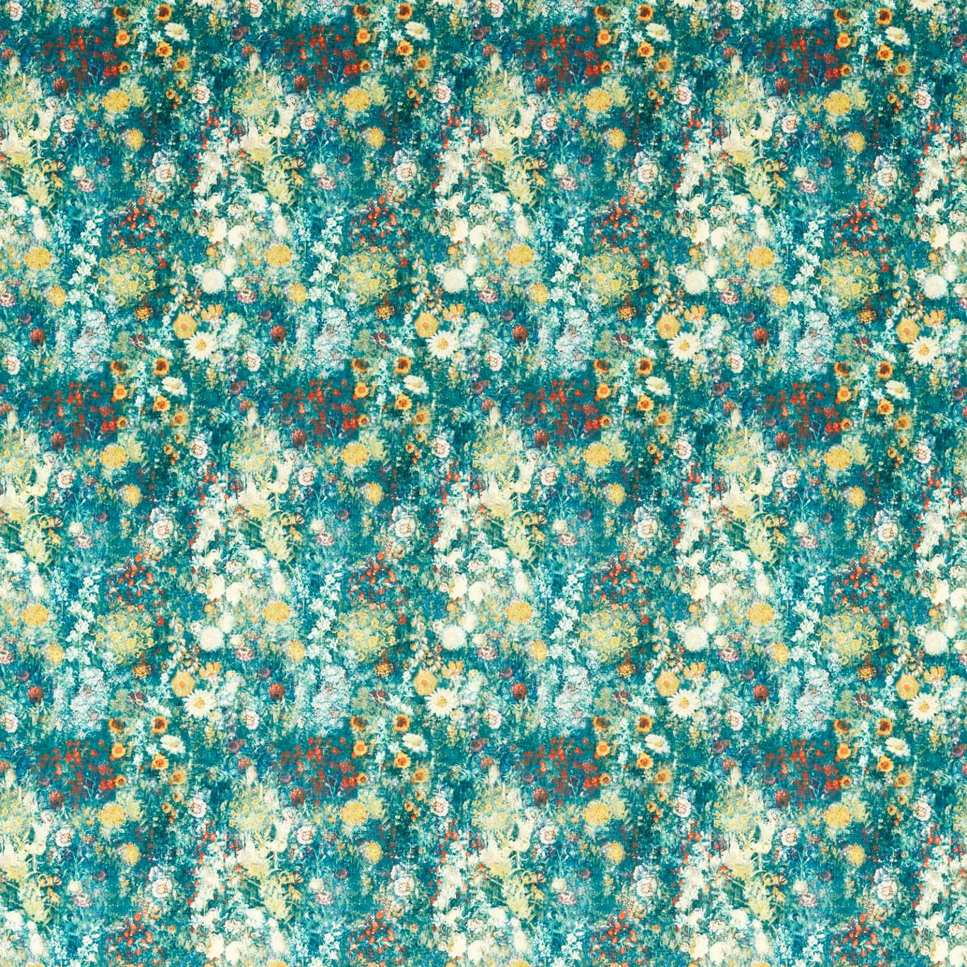 Dense teal floral textile with cream daisies, yellow blooms and rust-red accents