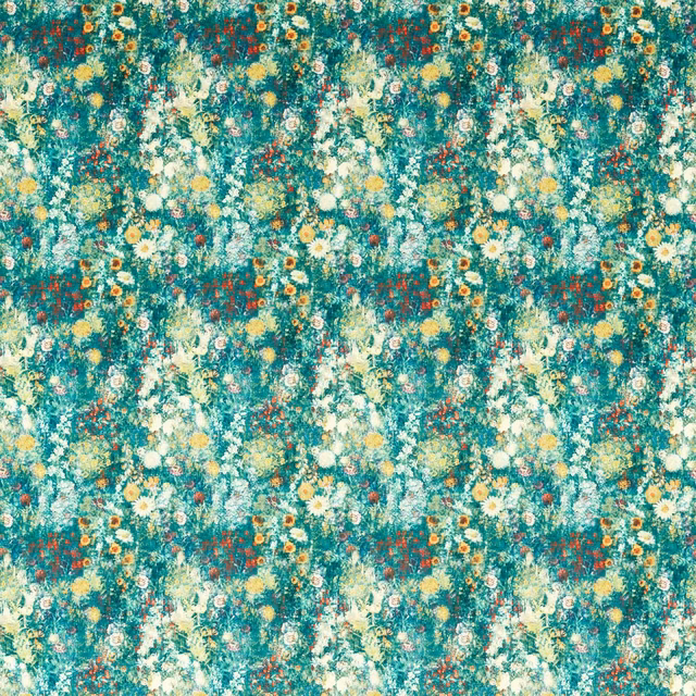 Dense teal floral textile with cream daisies, yellow blooms and rust-red accents