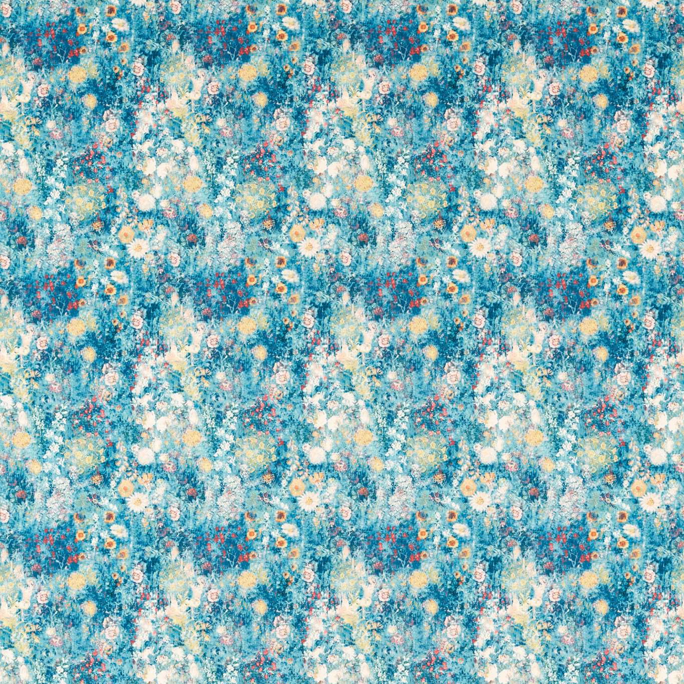 Mineral teal floral repeat with cream, peach and yellow painterly blooms