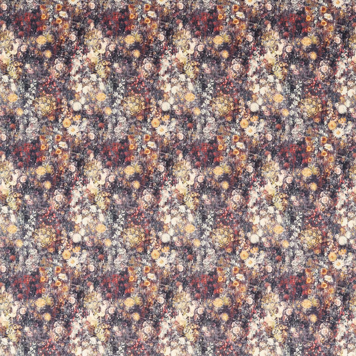 Dense raspberry and ochre painterly floral fabric with cream blooms and charcoal texture