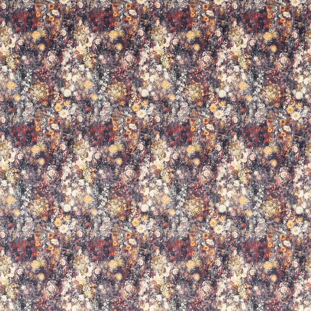 Dense raspberry and ochre painterly floral fabric with cream blooms and charcoal texture