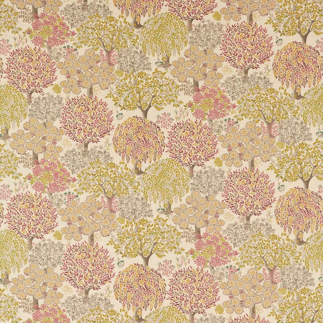 Cream fabric with olive, dusty pink and mustard flowering trees in a woodland repeat