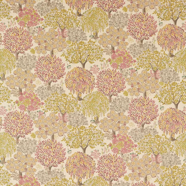 Cream fabric with olive, dusty pink and mustard flowering trees in a woodland repeat