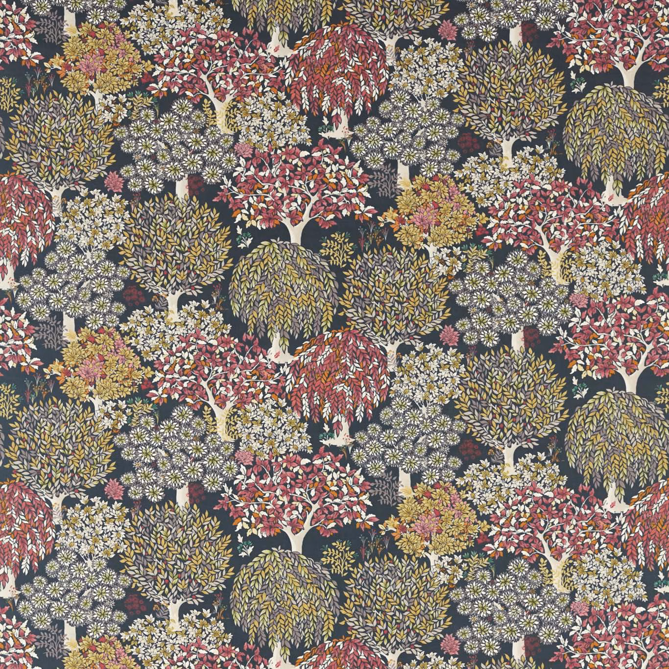 Charcoal fabric with dense red, mustard and cream woodland tree motifs