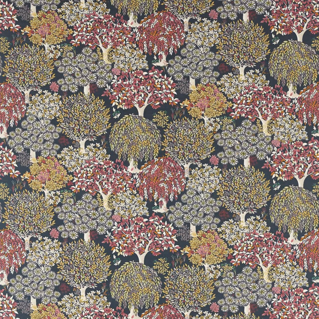 Charcoal fabric with dense red, mustard and cream woodland tree motifs