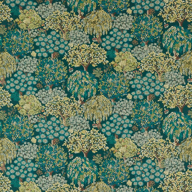 Dense teal woodland trees with cream blossom and yellow-green foliage