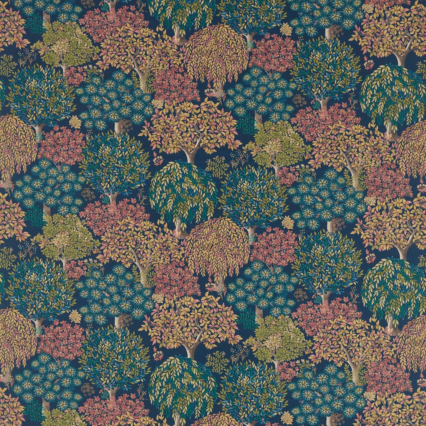 Dense coral, gold and green tree pattern on a deep midnight-teal ground