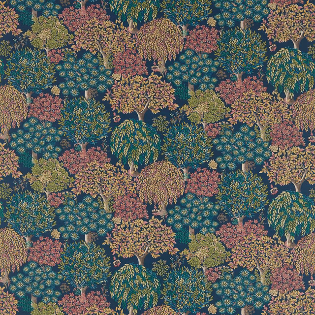 Dense coral, gold and green tree pattern on a deep midnight-teal ground
