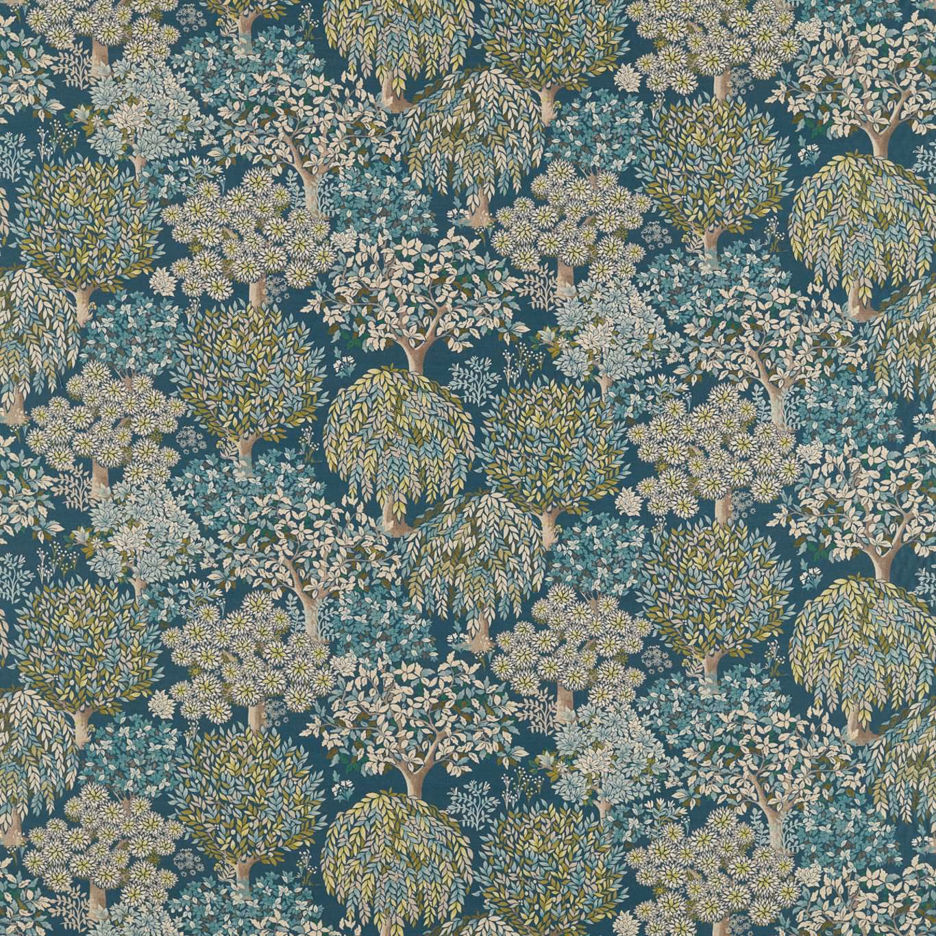 Mineral teal fabric with cream blossom clusters and layered leafy trees