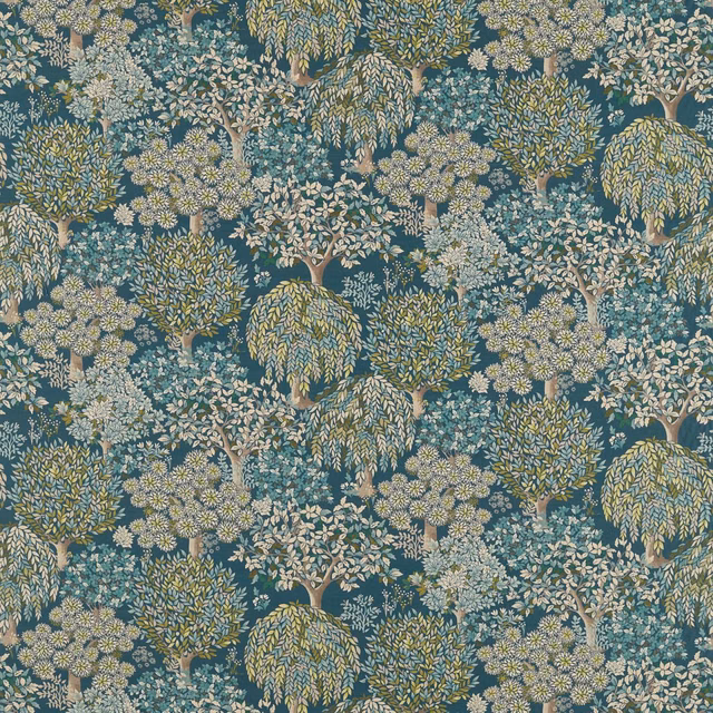 Mineral teal fabric with cream blossom clusters and layered leafy trees