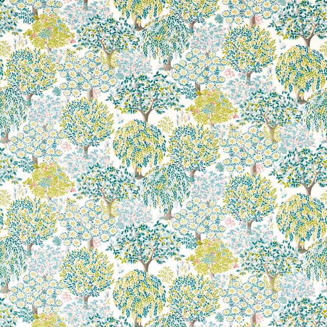 Teal, yellow and coral trees with daisies on a cream botanical ground