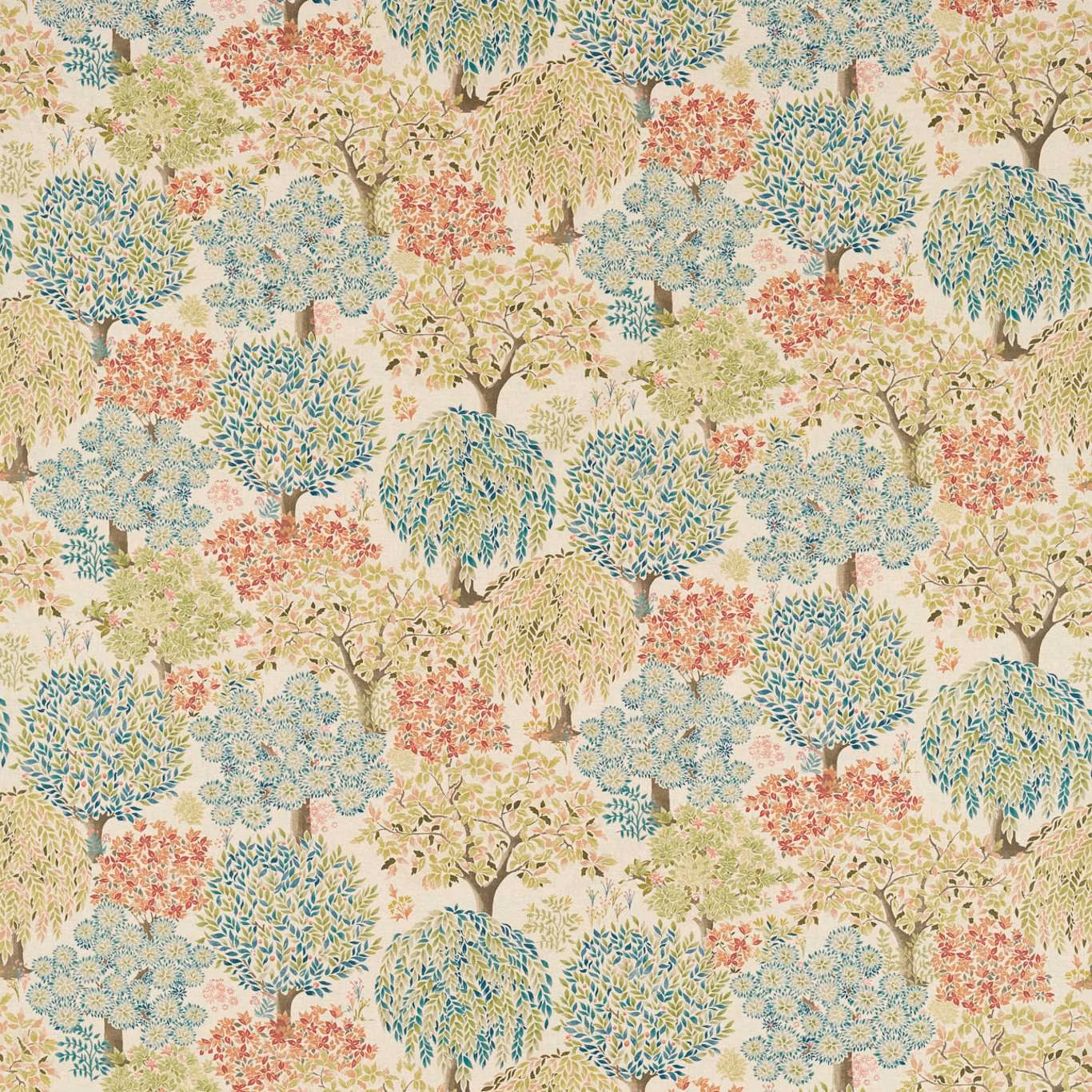 Linen-ground tree repeat with teal, coral, sage and olive foliage