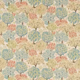 Linen-ground tree repeat with teal, coral, sage and olive foliage