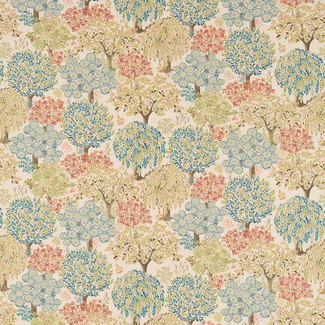 Linen-ground tree repeat with teal, coral, sage and olive foliage