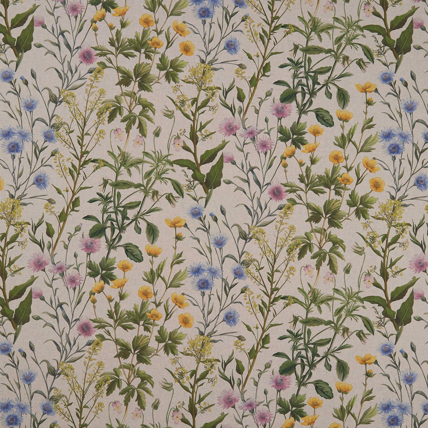 Pale linen-toned floral fabric with butter-yellow, blue and pink meadow flowers