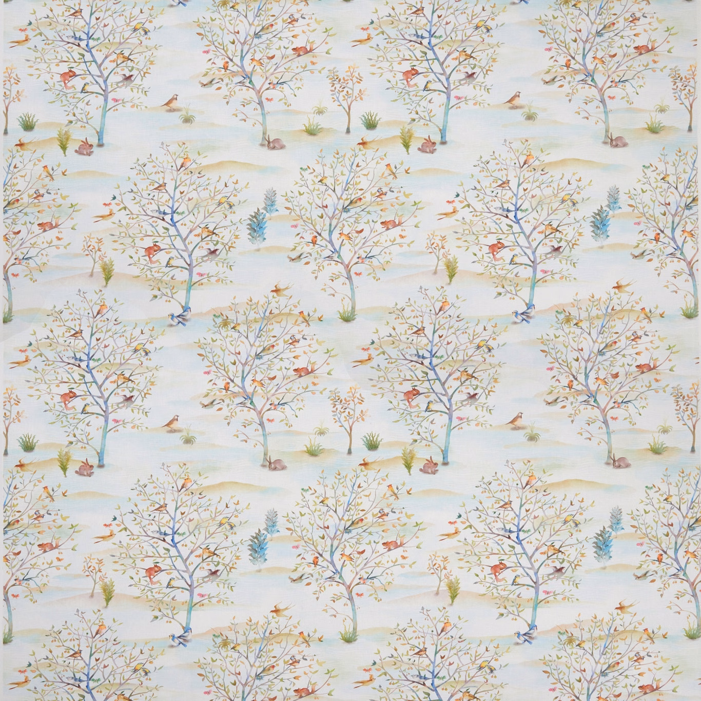 Cream woodland fabric with blue-trunk trees, rust birds and scattered grasses