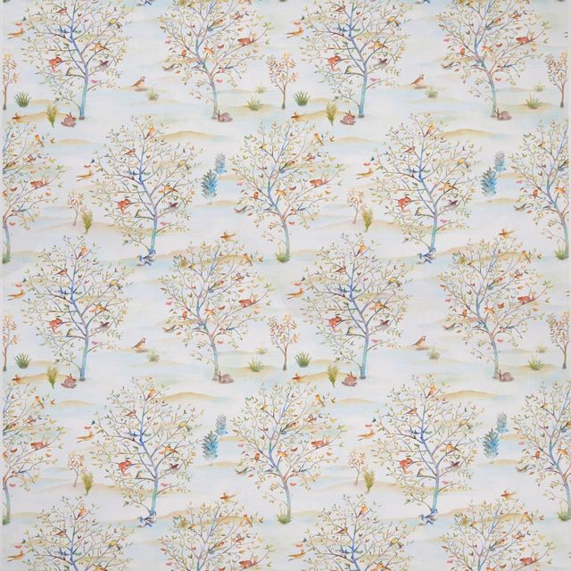 Cream woodland fabric with blue-trunk trees, rust birds and scattered grasses