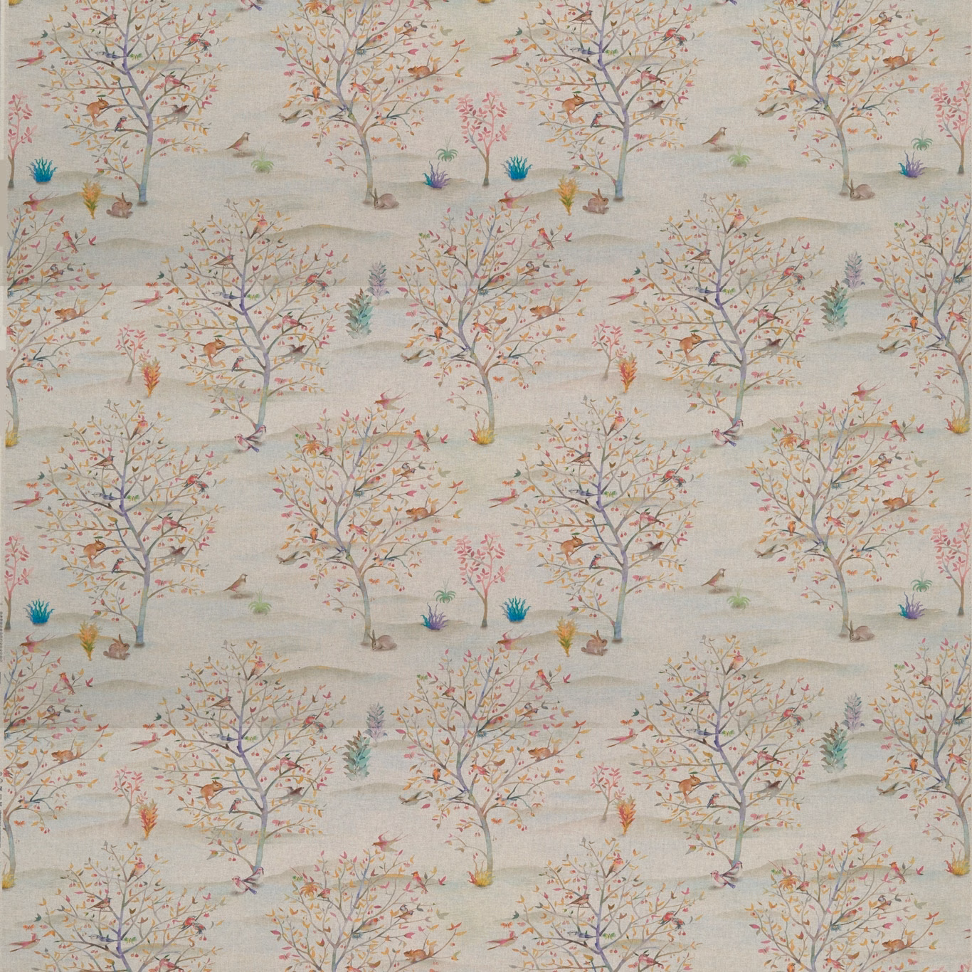 Pale linen ground with flowering trees, tiny birds and muted meadow flowers