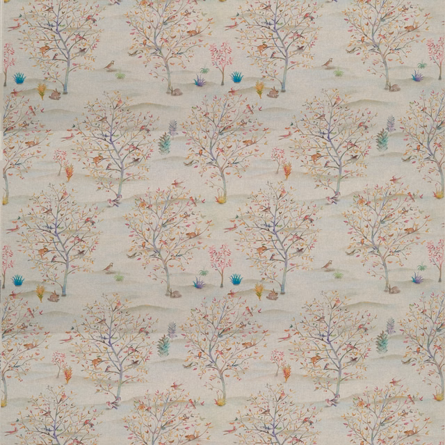 Pale linen ground with flowering trees, tiny birds and muted meadow flowers