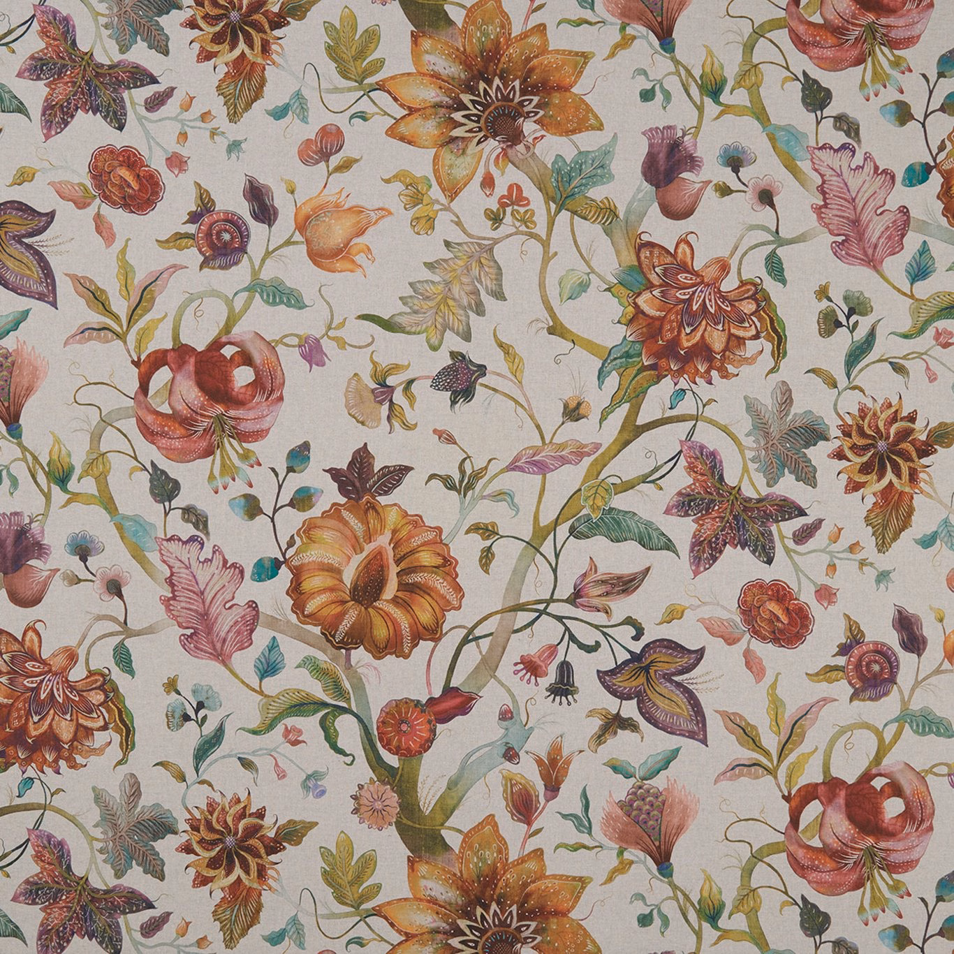 Linen-toned floral fabric with rust, ochre and sage botanical blooms