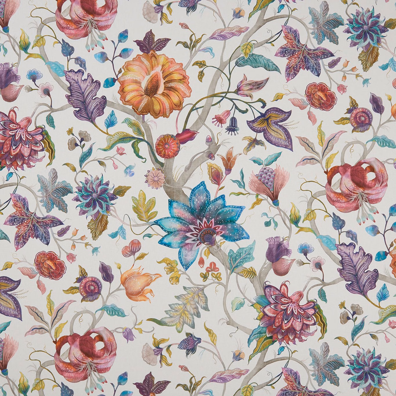 Cream botanical fabric with coral, teal and plum flowers on curling leafy stems