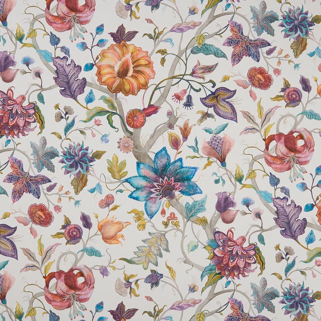Cream botanical fabric with coral, teal and plum flowers on curling leafy stems