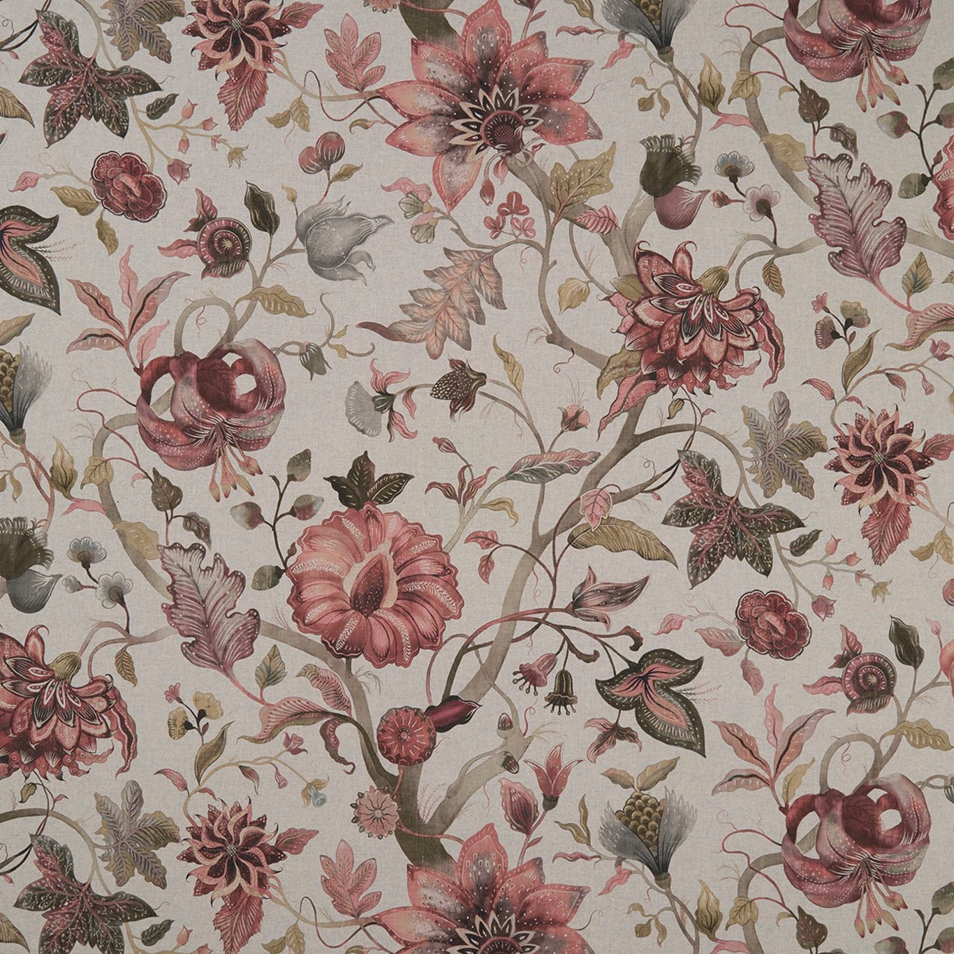 Dusty berry floral vines with olive leaves on a pale linen-toned ground