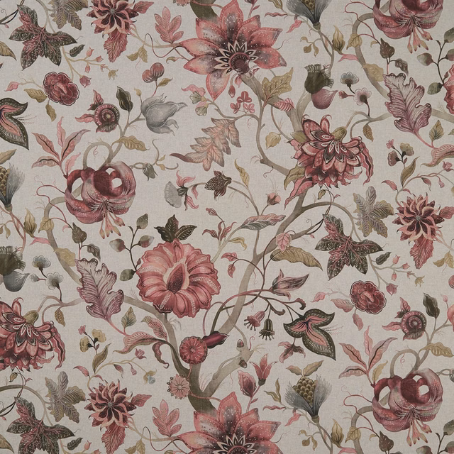 Dusty berry floral vines with olive leaves on a pale linen-toned ground