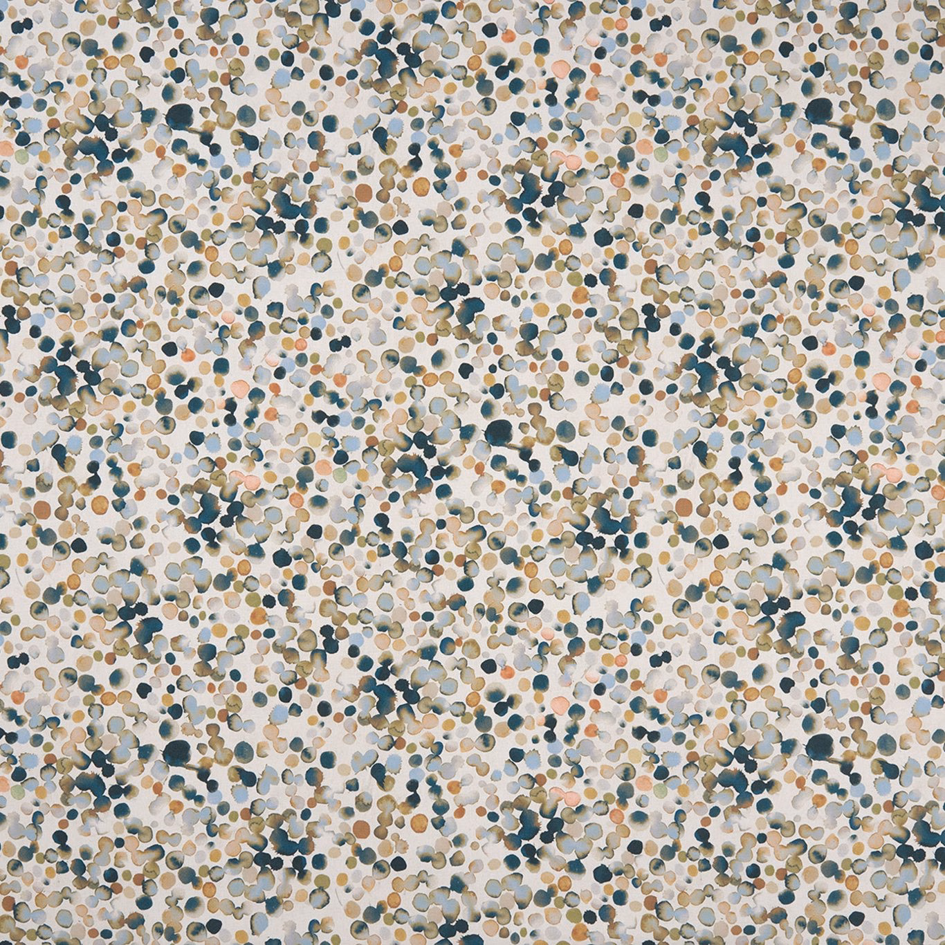 Cream fabric with dense blue, olive, tan and blush droplet-like marks
