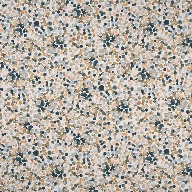 Cream fabric with dense blue, olive, tan and blush droplet-like marks