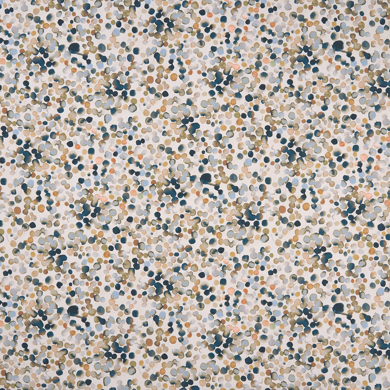 Cream upholstery fabric with dense teal, taupe, grey and blush pebble-like marks