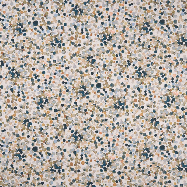 Cream upholstery fabric with dense teal, taupe, grey and blush pebble-like marks