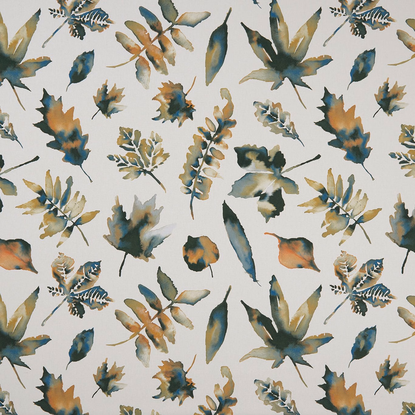 Warm cream botanical fabric with painterly teal, olive and ochre leaves