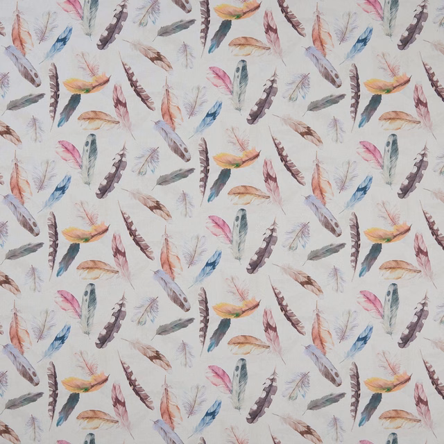Soft cream fabric scattered with muted blue, blush, ochre and mauve feather motifs