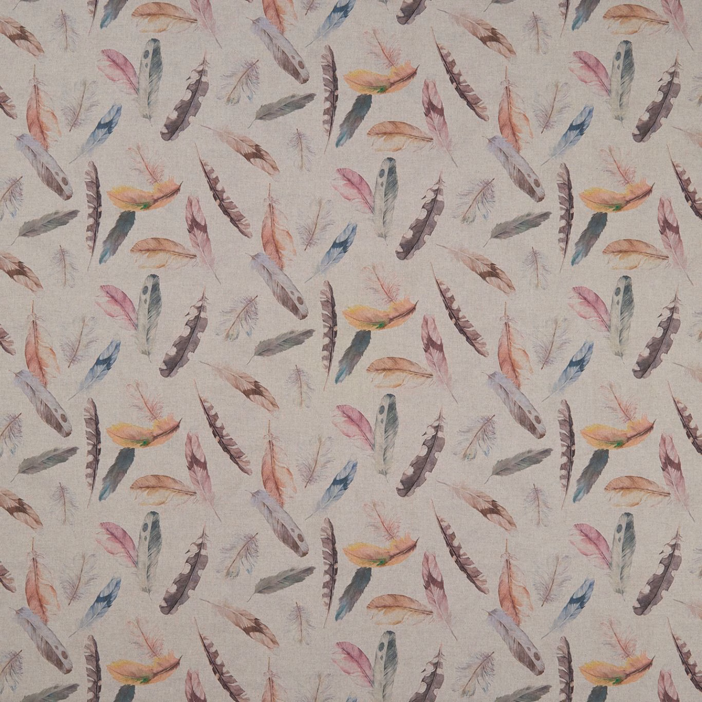 Pale beige Feather Linen with blush, blue and plum feathers on a textured ground