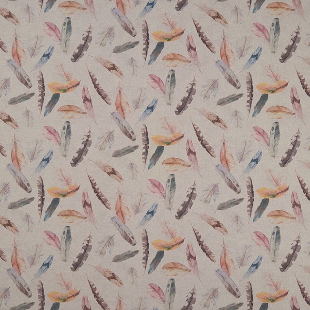 Pale beige Feather Linen with blush, blue and plum feathers on a textured ground