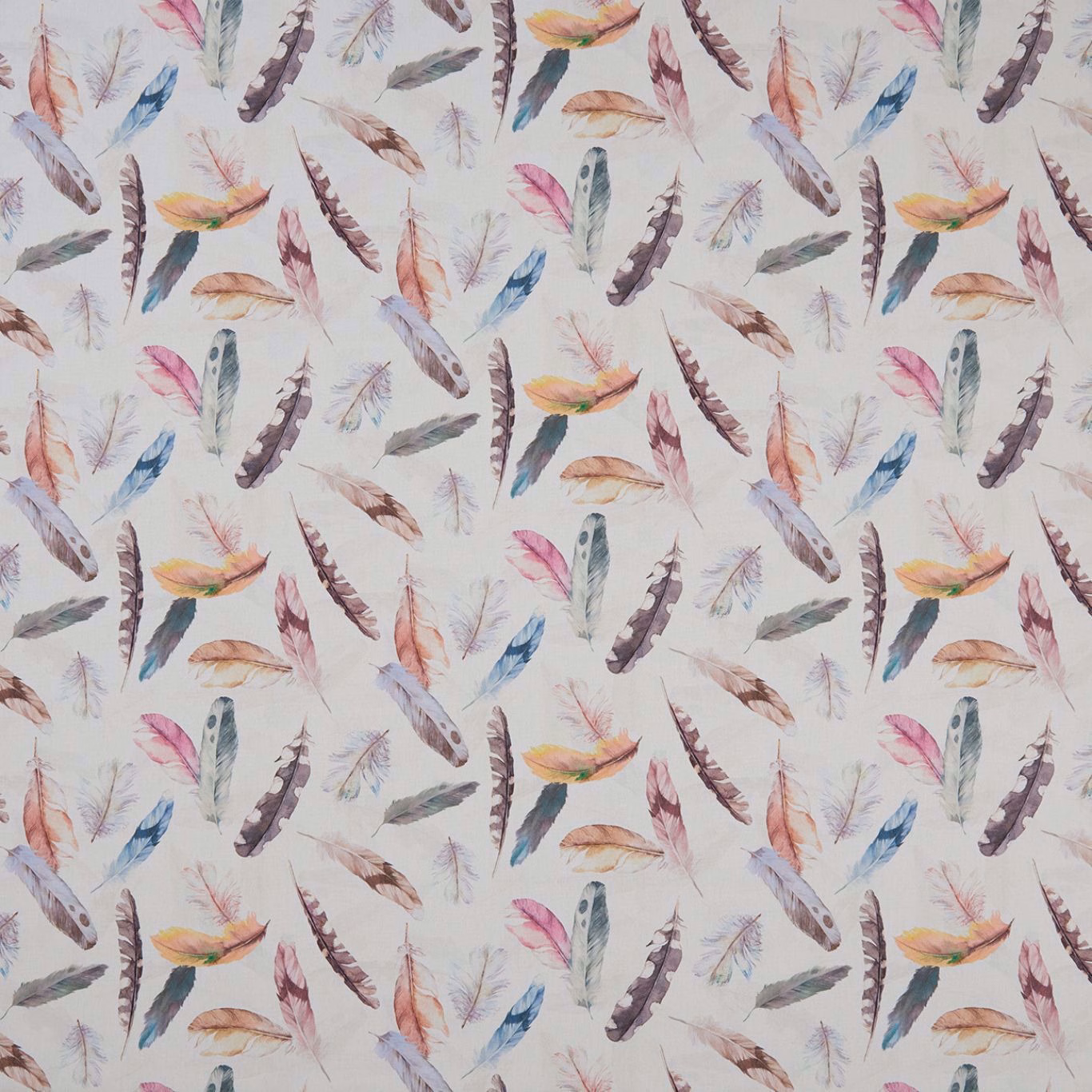 Cream fabric with scattered blush, blue, lilac and ochre feather motifs