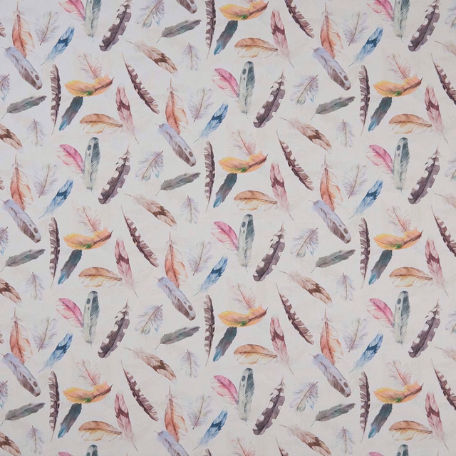 Cream fabric with scattered blush, blue, lilac and ochre feather motifs