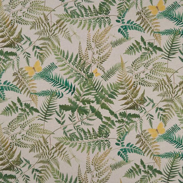 Flax-toned fern fabric with layered green fronds and yellow flower accents