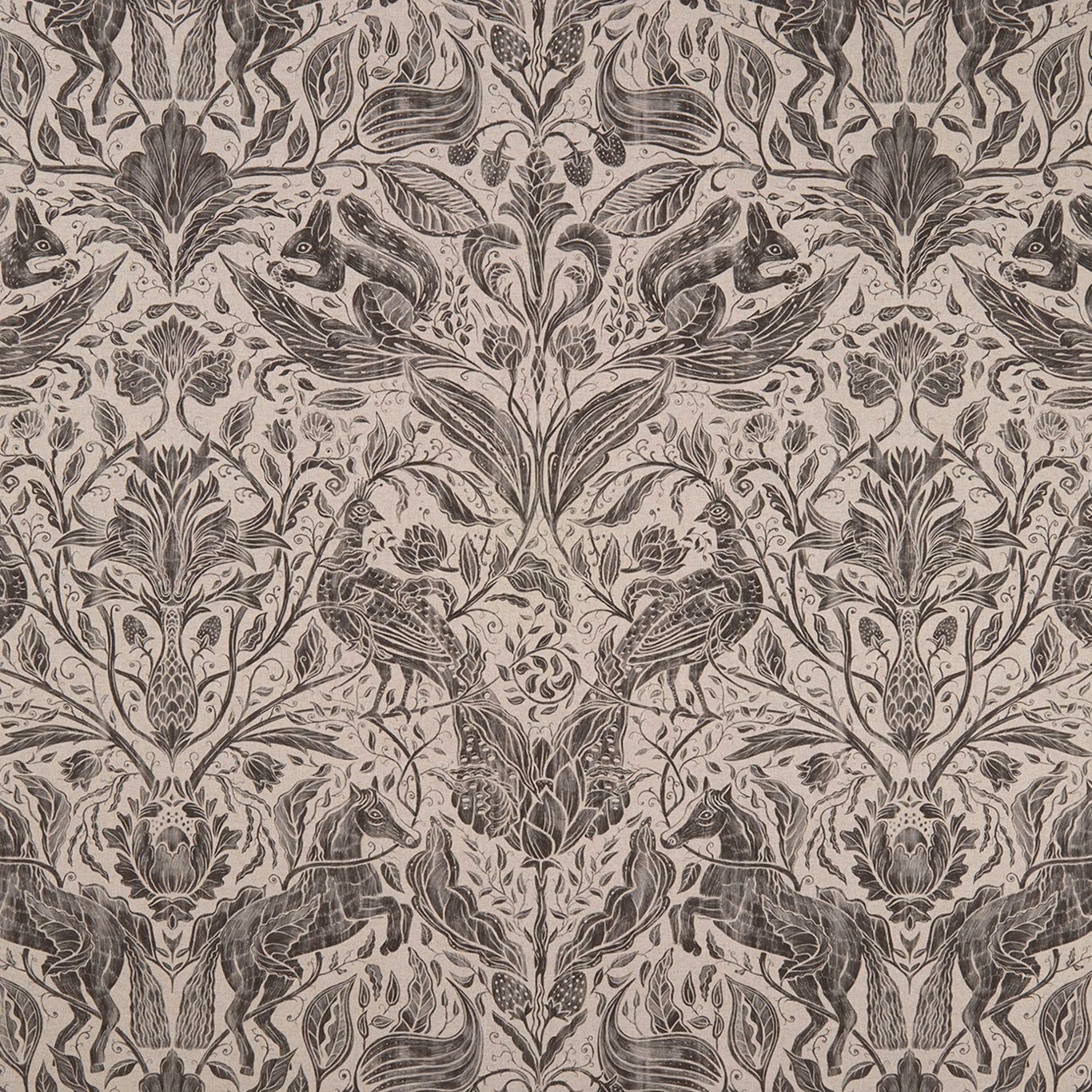 Charcoal woodland fabric with rabbits, birds, foliage and warm taupe ground