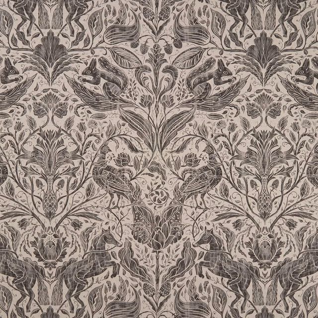 Charcoal woodland fabric with rabbits, birds, foliage and warm taupe ground