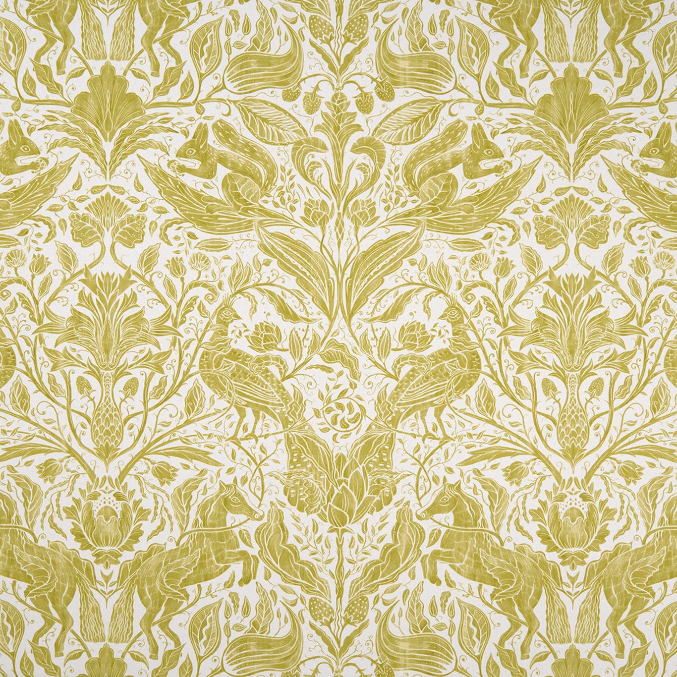 Muted olive-citrus rabbits, birds and foliage on a detailed cream botanical textile