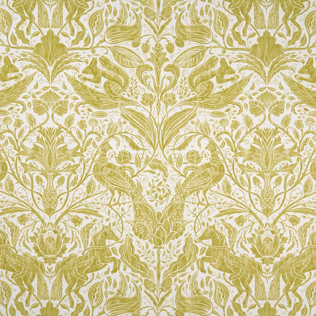 Muted olive-citrus rabbits, birds and foliage on a detailed cream botanical textile